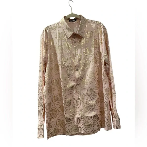 Zeroyaa Men’s Nightclub Slim Fit Pink/Gold Print XL Button Down Long Sleeve - Picture 8 of 11